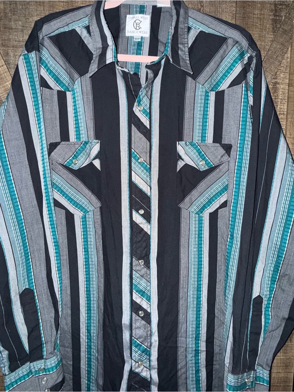 Corral West Ranch Wear Men's Teal & Black Striped Shirt XLT pearl snaps